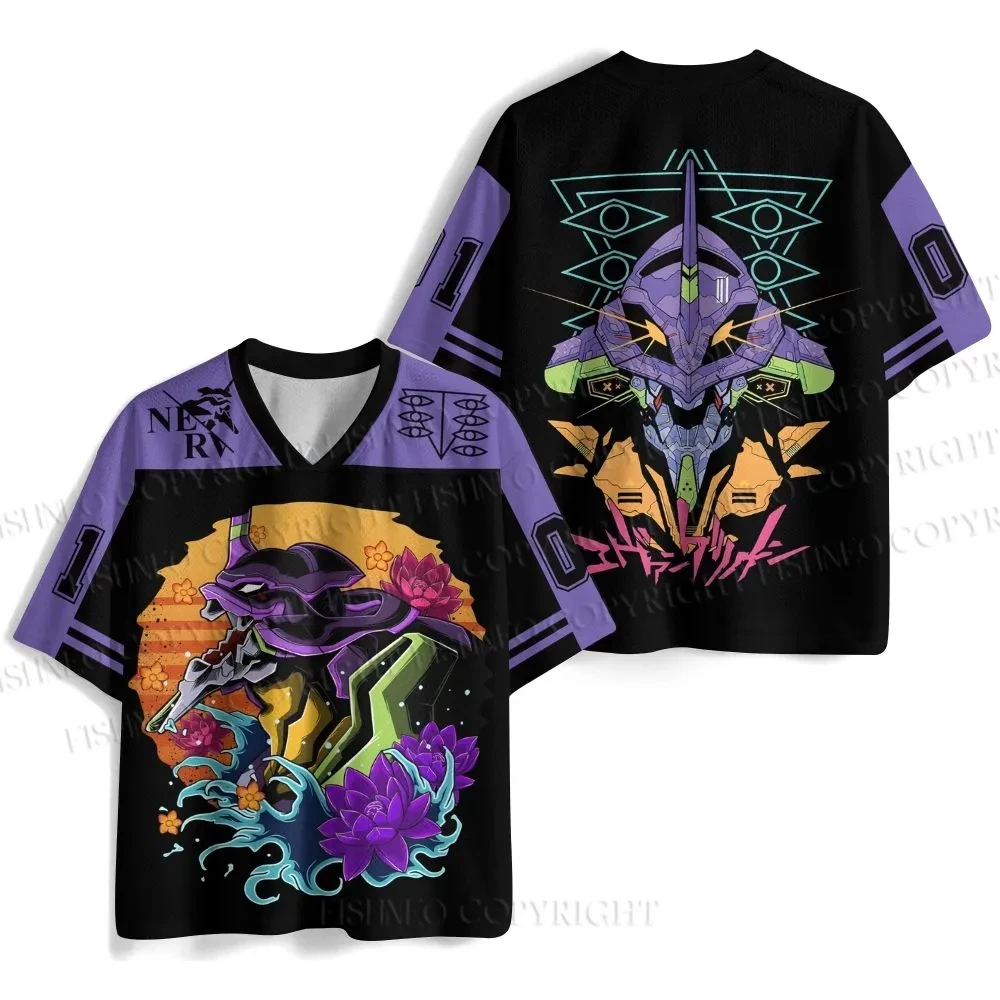 2026 Anime Evangelion Unit-01 Berserk Mode Print Mesh Jersey T-shirt Men Oversized Streetwear V-Neck Casual Short Sleeve Tops