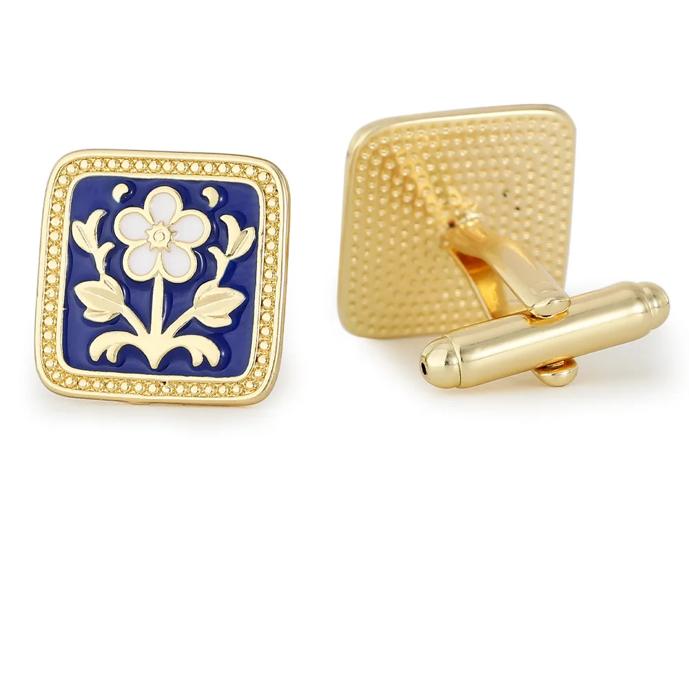 Vintage Enamel Floral Cufflinks Gold Blue Contrasting Square Cufflinks Men's Business Dress Shirt Accessories Decoration