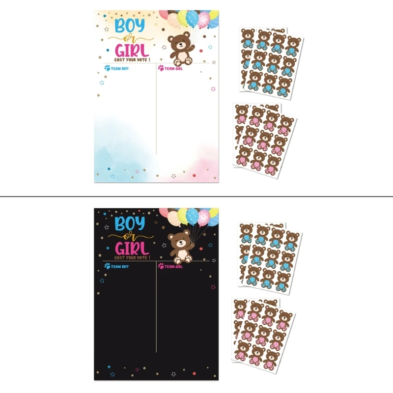 Gender Reveal Party Poster Games 36 Blue and Pink Cute Bear Voting Stickers