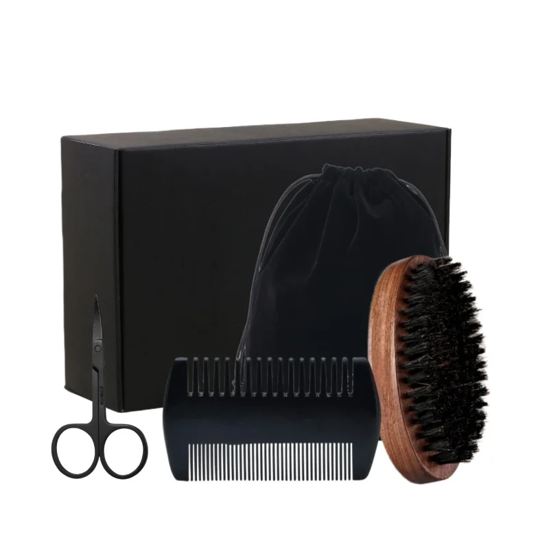 Men's Shaving Brush Set Boar Bristle Portable Barber Natural Beard Brush Comb Scissors for Facial Cleaning Styling Tool Gifts