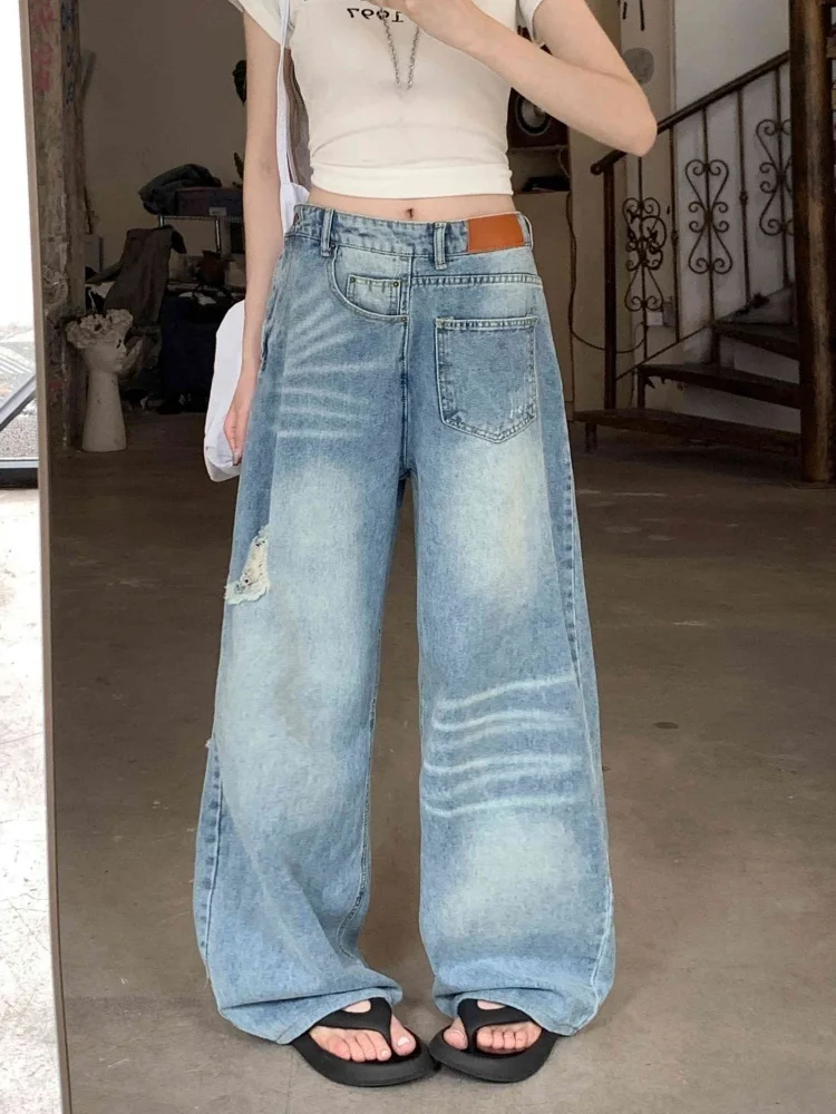 

2025 Ropa Y2K Fashion Washed Blue Baggy Ripped Reverse Wear Jeans Pants For Women Designers Clothes Wide Leg Lady Denim Trousers