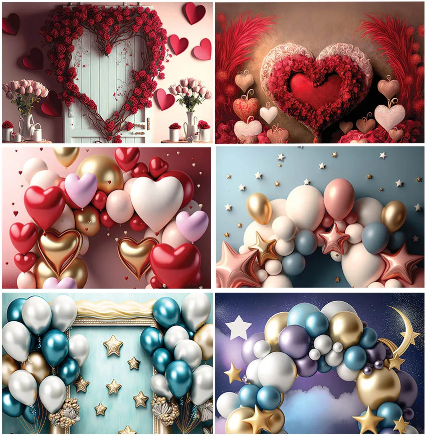 Love Shape Balloons Valentine's Day Decoration Cake Smash Backdrops Photography Rose Flowers Wedding Party Backgrounds Photocall