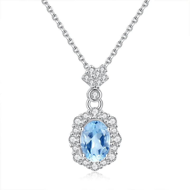 Real 925 Silver Necklace Natural Pendant Aquamarine Genuine Fine Gemstone for Girl Wedding Gorgous Women Jewelry Gift