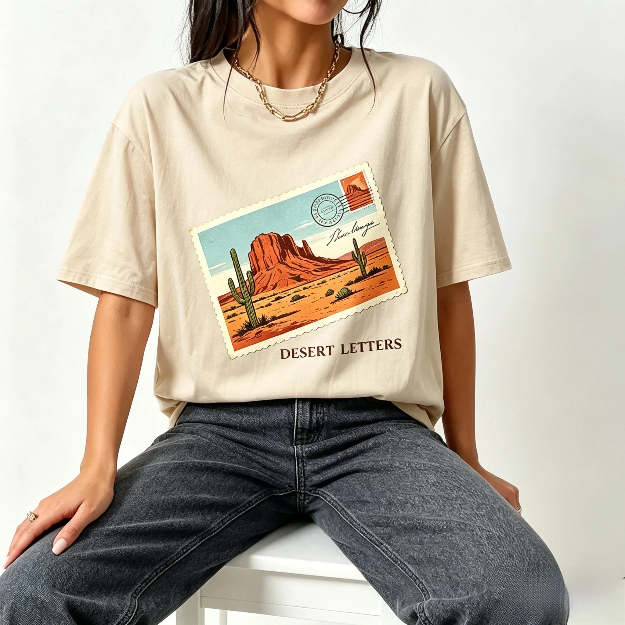 Desert Letters Vintage Postcard Desert Cactus Landscape Graphic T Shirt Women Retro Western Short Sleeve Tee