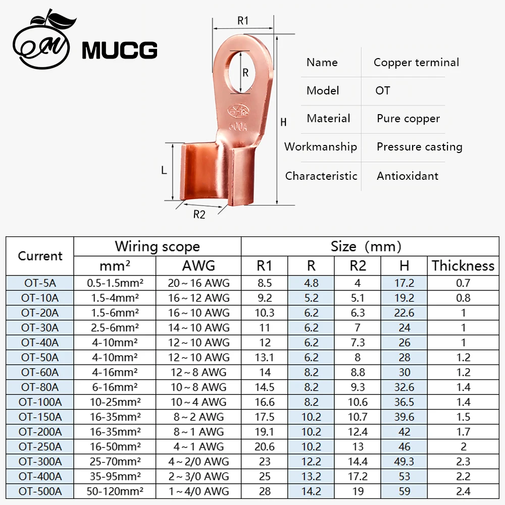 Terminales de crimpado de cobre redondo o anillo OT 5A ~ 600A, M6 M8, M10, M12, Conector de Cable de terminal para cable de conexión de interruptor