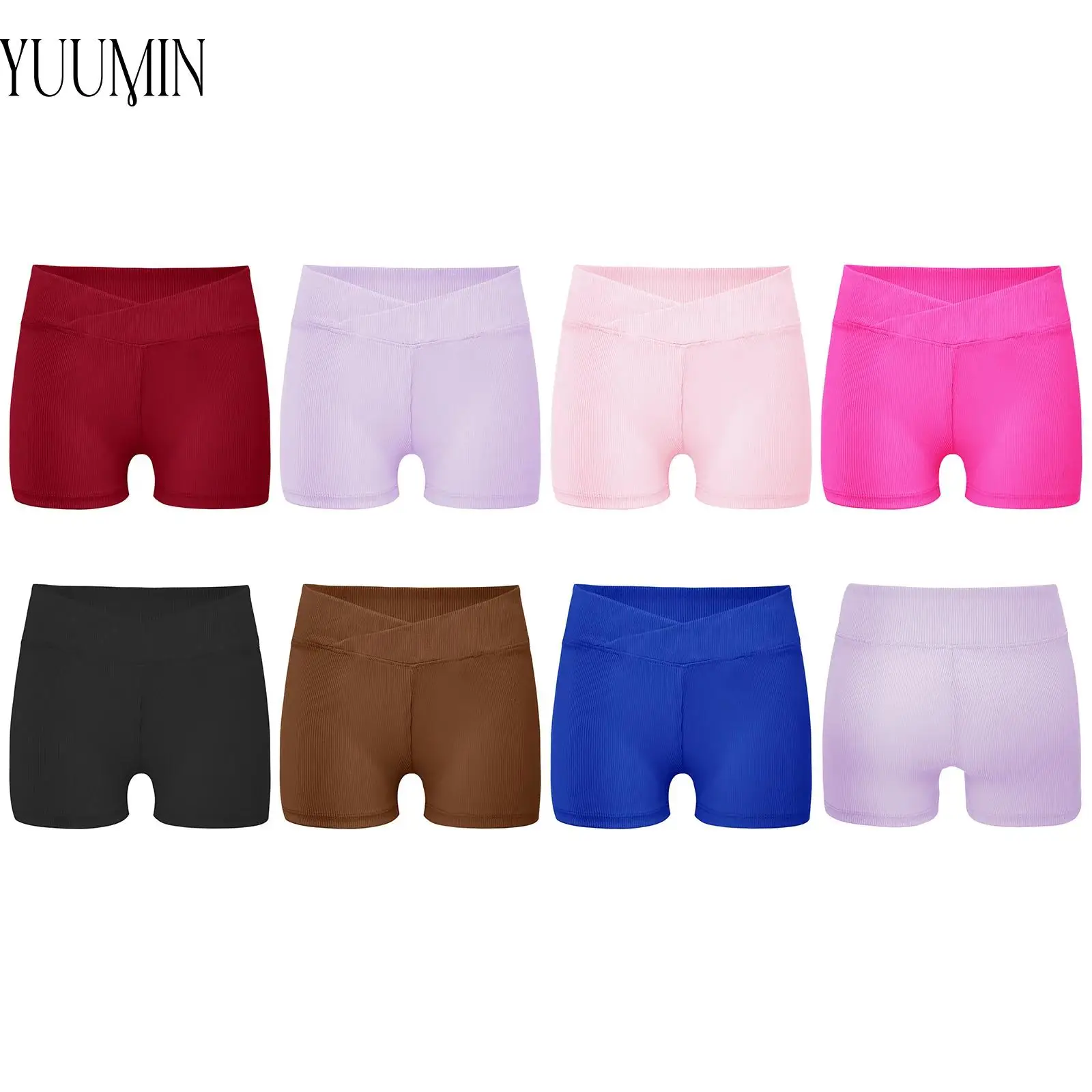 

Kids Girls Sports Stretchy Gym Shorts V-Front Elastic Waistband Ribbed Shorts for Workout Running Yoga Ballet Dance Gymnastics