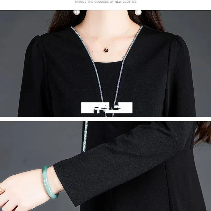 Women's 2024 Autumn Winter New Splicing V-neck Zipper Folds Fashion Solid Color Loose Minimalist Casual Long Sleeve Dresses