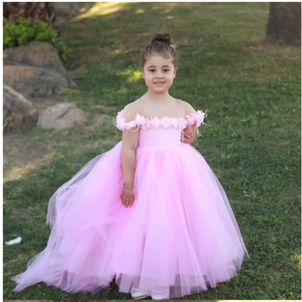 

Pink Applique Flower Girl Dresses Tulle Puffy Bow Sleeveless For Wedding Birthday Party First Communion Customize Gowns