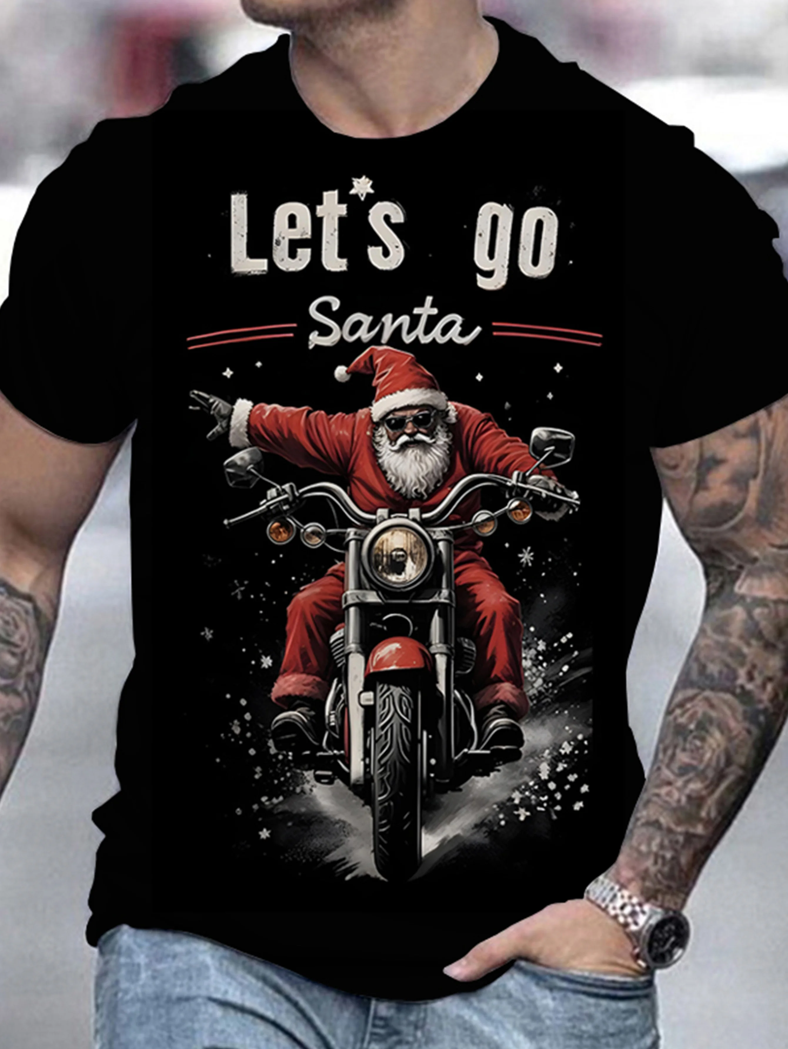 

Santa Claus' Motorcycle Graphic T-shirt - Casual Street Style, Stretch Fabric, Crew Neck, Summer T-shirt