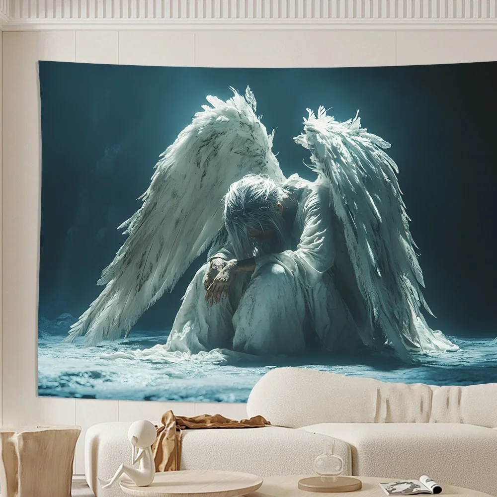 1 Pc Gorgeous Polyester Angel Wall Tapestry Peach Light Beige Fabric Horizontal Serene Angel Design Lightweight Durable