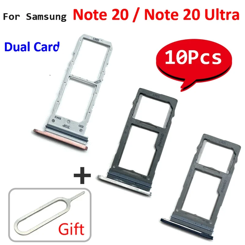 

10Pcs，Dual Card Mobile Phone Adapter For Samsung Note 20 / S20 Ultra Sim Card slot tray Chip Holder Repair parts