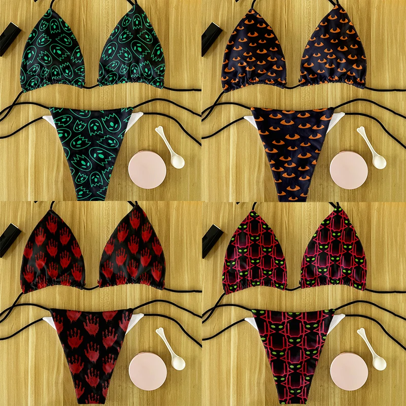 Bikini con estampado para mujer, con traje de baño Sexy Tanga, conjunto de Bikini brasileño con cuello Halter, ropa de playa, 2023