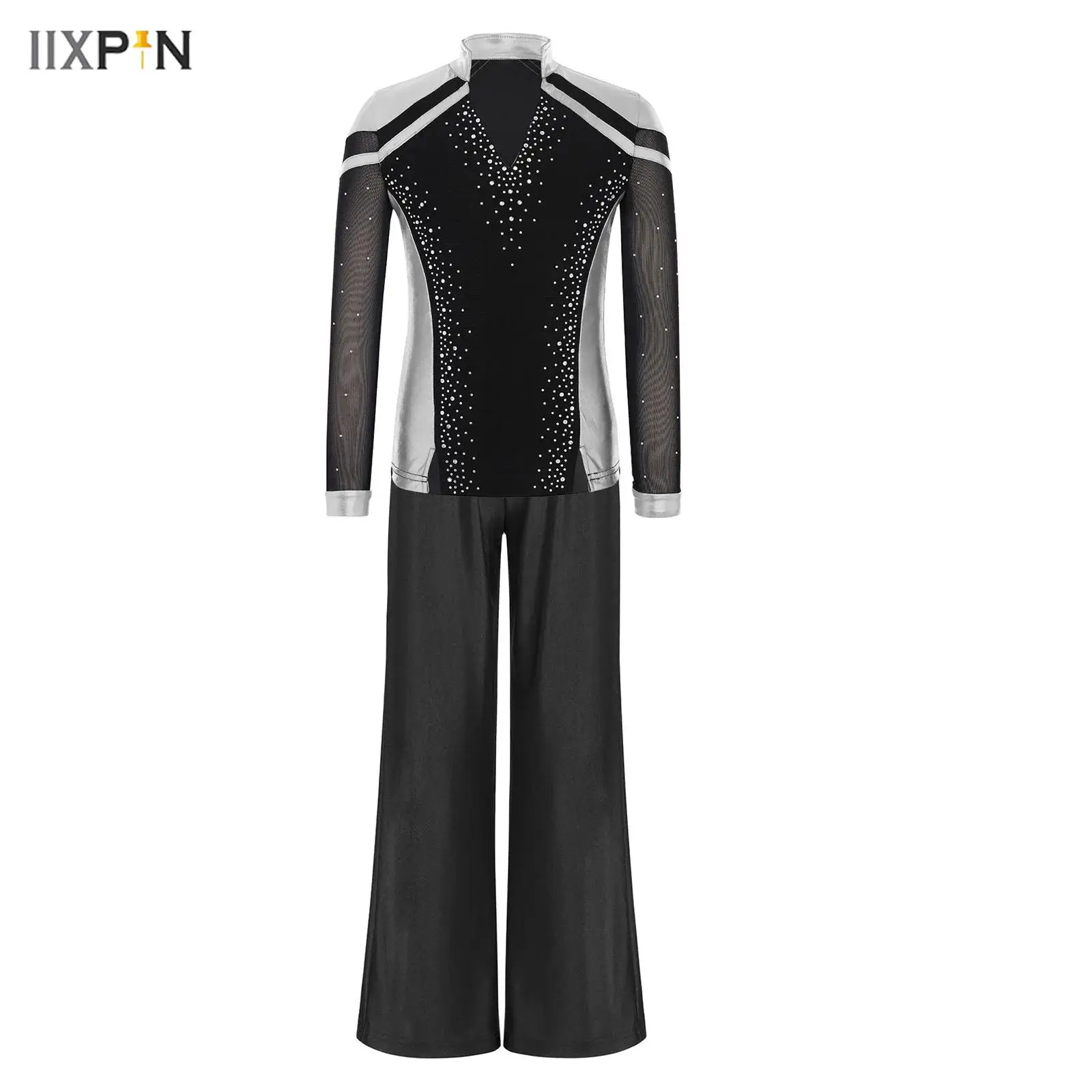 

Boys Shiny Rhinestones Figure Skating Ballroom Performance Costume Metallic Top with Straight-Leg Pants Kids Latin Dancewear