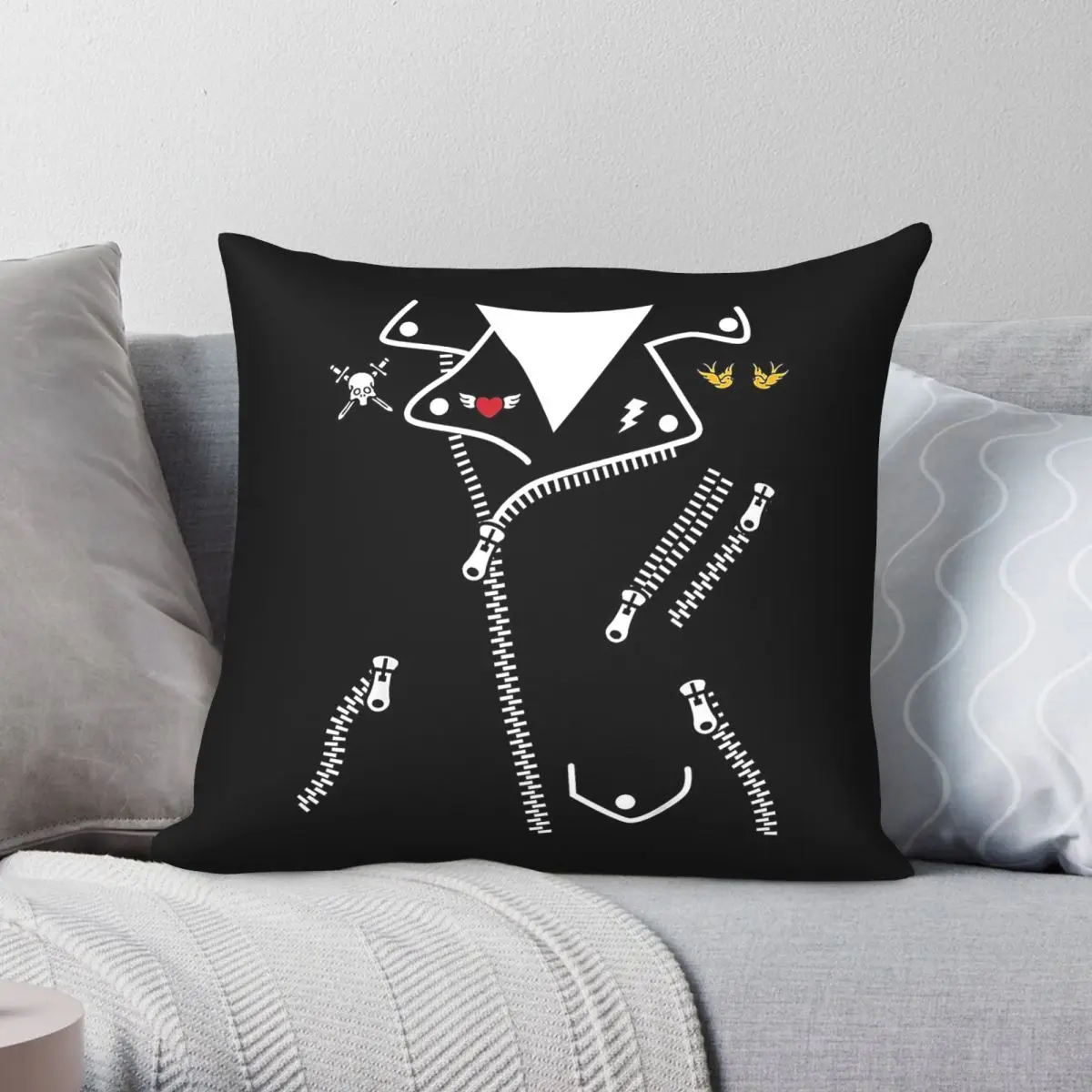 Biker Jacket Skull Heart Bird Halloween Square Pillowcase Polyester Linen Velvet Pattern Zip Decor Sofa Cushion Cover