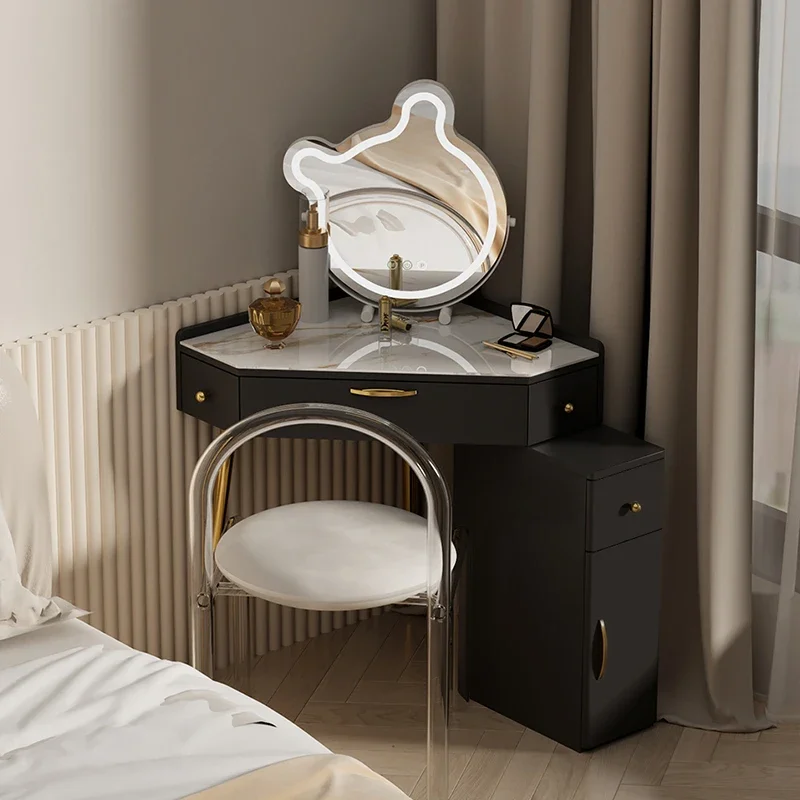 

Bedroom Black Lights Vanity Table Mirror White Nordic Led Corner Vanity Desk Storage Organizer Penteadeira Furniture Home