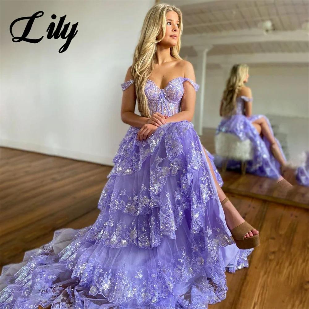 Lily Purple A Line Formal Dresses Tiered Sweetheart Party Dress Split Pleat Off The Shoulder Special Occasion Dress robe soirée