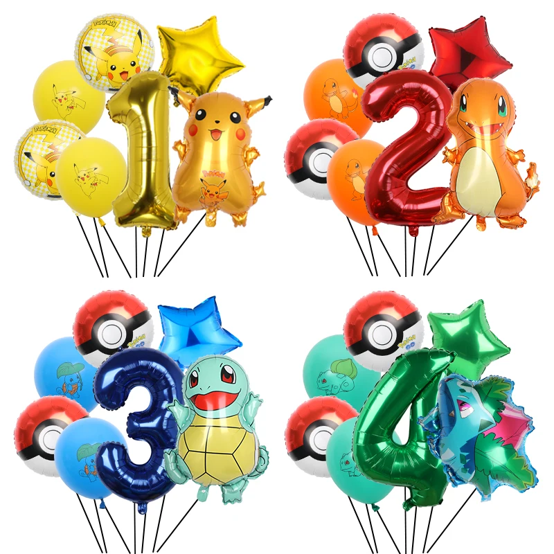 7pcs Pokemon Themed Balloons Decorated with Genie Turtle Little Fire Dragon Pocket Elf Pikachu Birthday Party Decorated Balloons