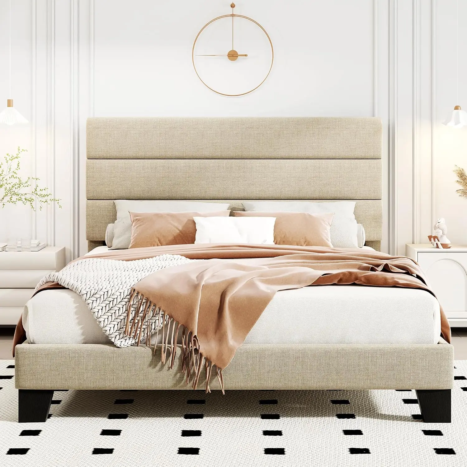 Queen Size Bed Frame with Headboard, Fabric Upholstered Platform Bed with Strong Wood Slats Support, Mattress, Customized