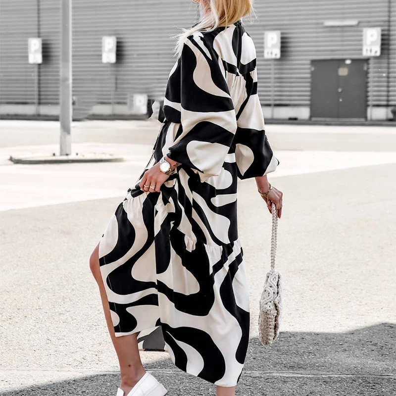 Wiosna Jesień Długa sukienka damska z kołnierzykiem Elegancki nadruk Jednorzędowa sukienka Sundress Casual Sukienki z długim rękawem Spódnica