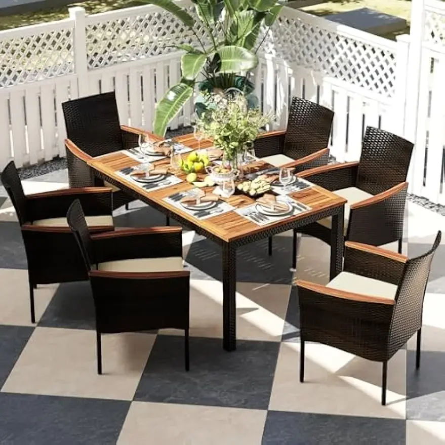 7 Piece Patio Dining Set, PE Rattan Outdoor Dining Furniture Set for 6 with Stackable Chairs & Acacia Wood Table, 1.96''