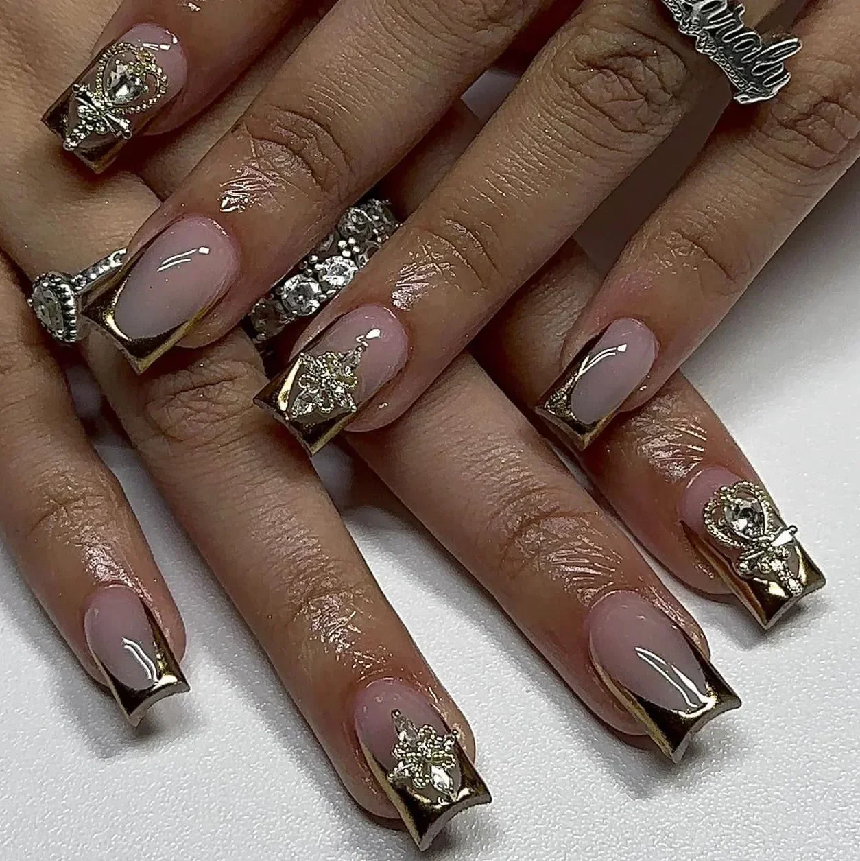 Arte De Unhas Falsas De Strass De Ouro, Decoração Nobre, Estrela, Laço, Flor, Balé, Longo, Quadrado, Charme, Pressione Nas Unhas, Manicure