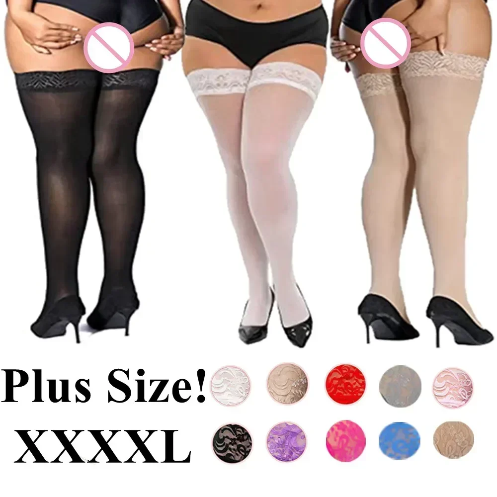 Plus Size Lace Black White Stockings Sexy Transparent Knee Socks Thigh High Long Sock with Anti-slip Fishnet Stocking for Women