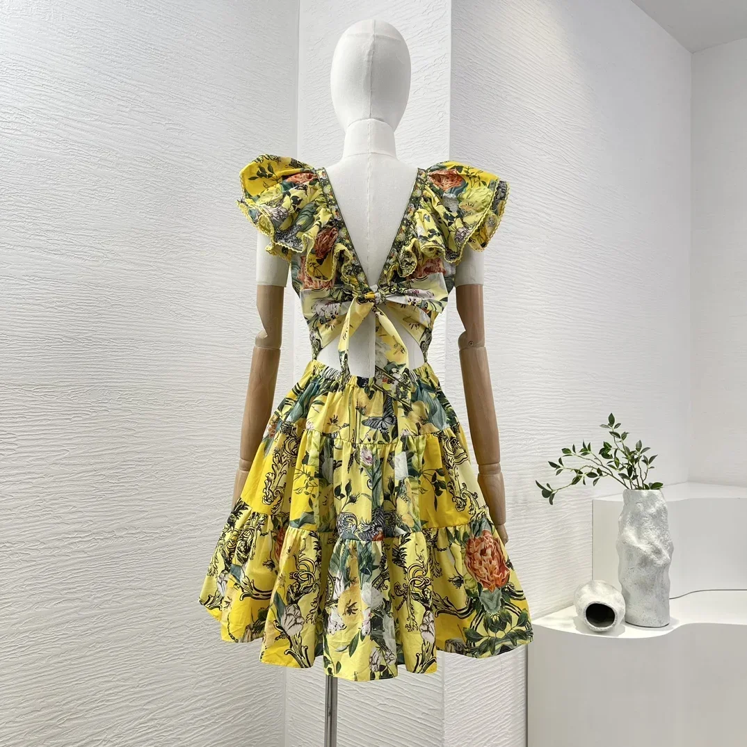 2024 New Yellow Floral Print Sleevless V Neck Diamonds Pressed Ruffles Cut Out Waist Women Mini Dresses for Holiday