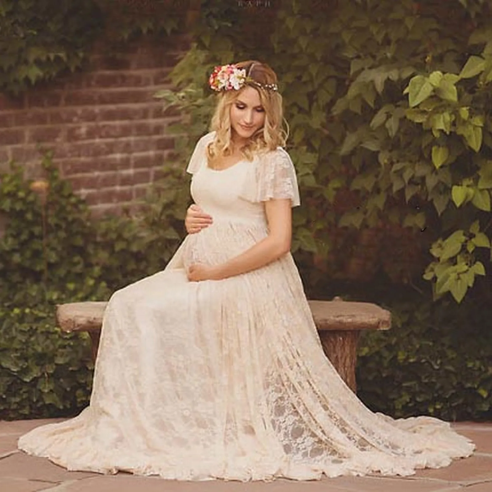 Maternity Lace Dress Women\'s Pregnancy Ruffles Short Sleeved Long Dress Elegant Photography Solid Color Dress PhotoShoot Dress