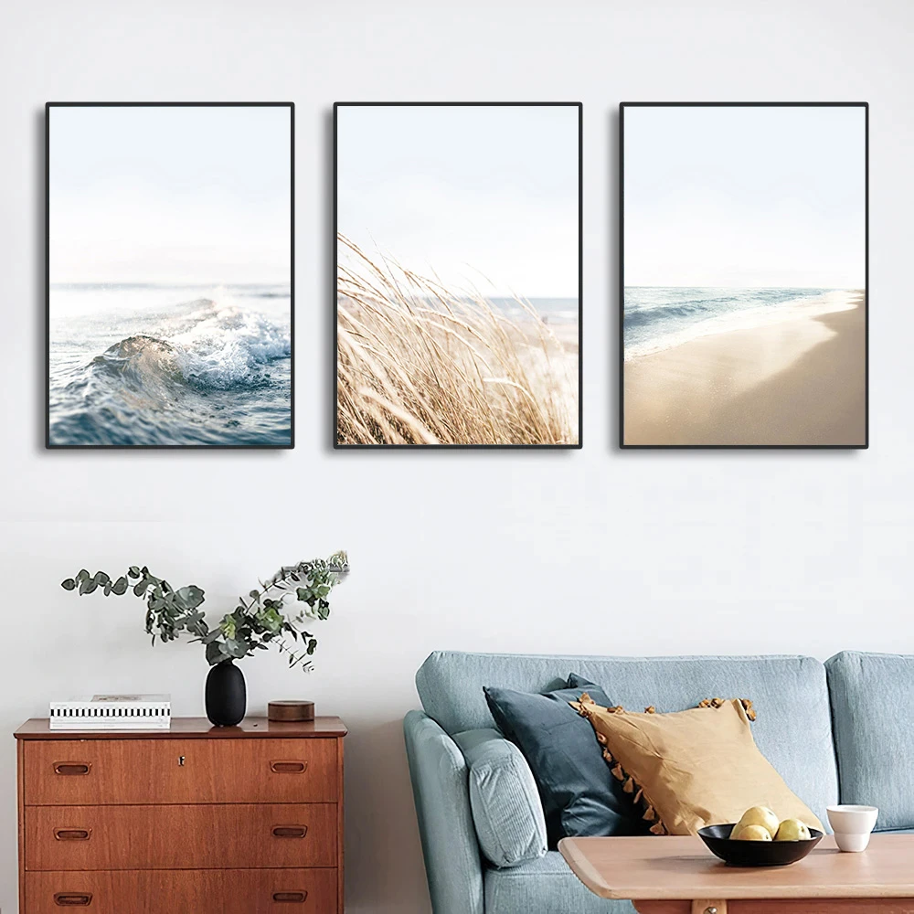 

Blue Ocean Sea Waves Poster Beach Wall Art Canvas Painting Beige Reed Prints Landscape Posters Nordic Wall Pictures Home Decor