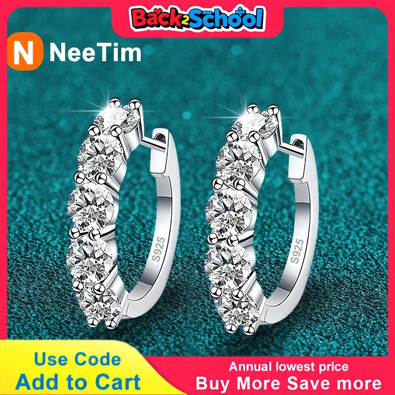 NeeTim 3mm D Color Moissanite Earrings 925 Sterling Silver Plated White Gold Hoop Earring for Women Wedding Party Fine Jewelry