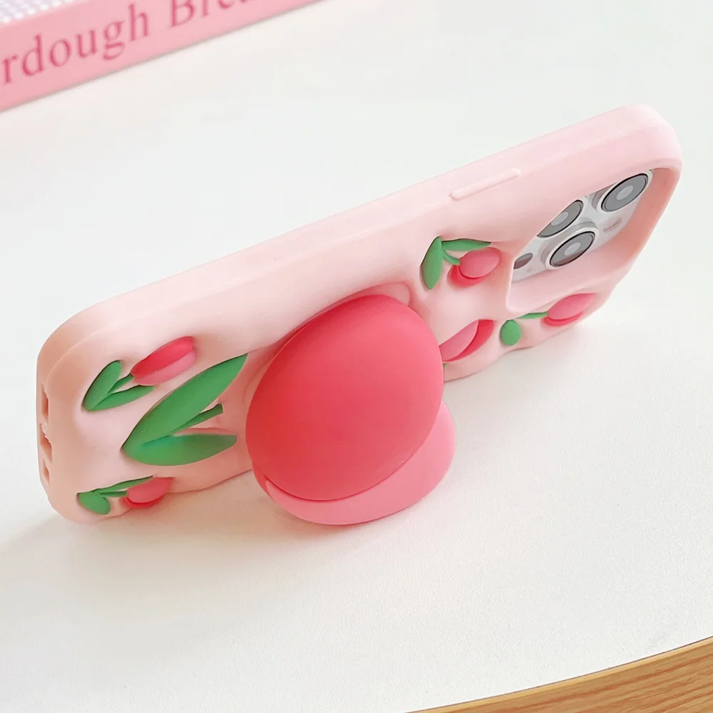 

3D Tulip Telecopic Bracket, iPhone 13 14 15 16 Pro Max Beautiful Cute Cartoon Flower Soft Silicone Phone Case Back Stand Cover