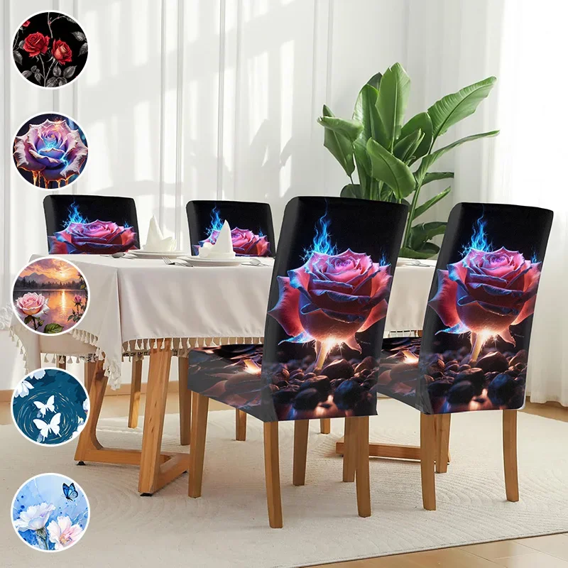 Elastic dining chair cover, removable home decoration items, blue flame rose print pattern