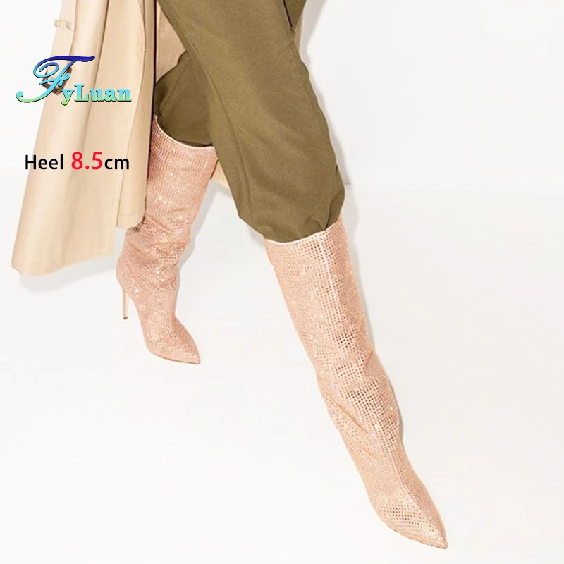 Luxury Rhinestones Blingbling Pointed Long Boots For Women 8.5CM Stiletto Heels Knee-high Model Stage Show Shoes Botas De Mujer