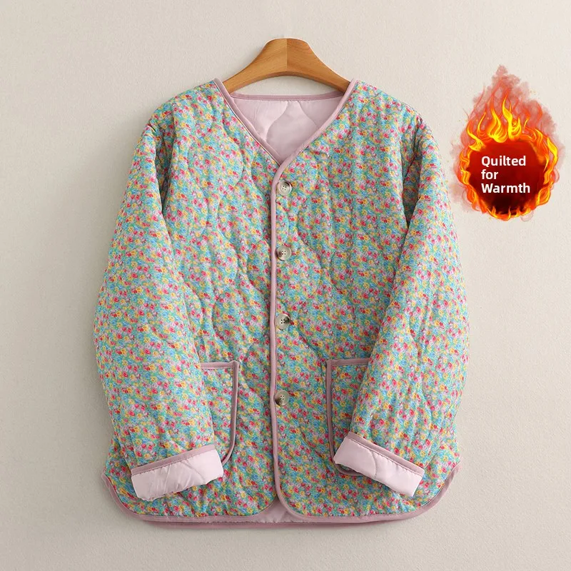 

Winter New Sle Artistic Floral Print Close-Fitting Cotton Jaet Lightweight Warm Casual Home Wear Women's Thiened Coat