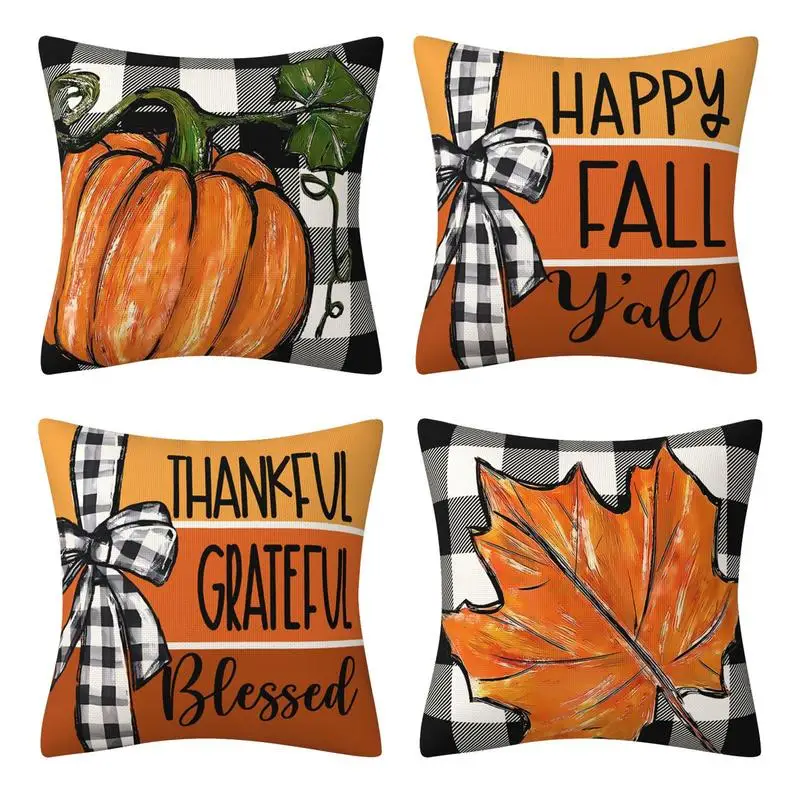 Thanksgiving Decorative Throw Covers 4PICS Pillow Covers Set of 4 Home Pumpkins Decor for Yard Garden Offices Home Cars Patio