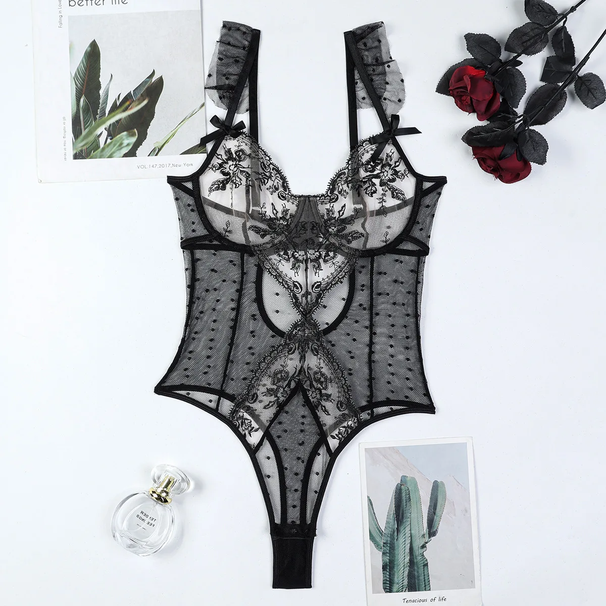 

Sexy Women's Lingerie Bodysuit Sheer Mesh See Through Lace Embroidered Dot Flower Solid Sleeveless Babydoll Romper