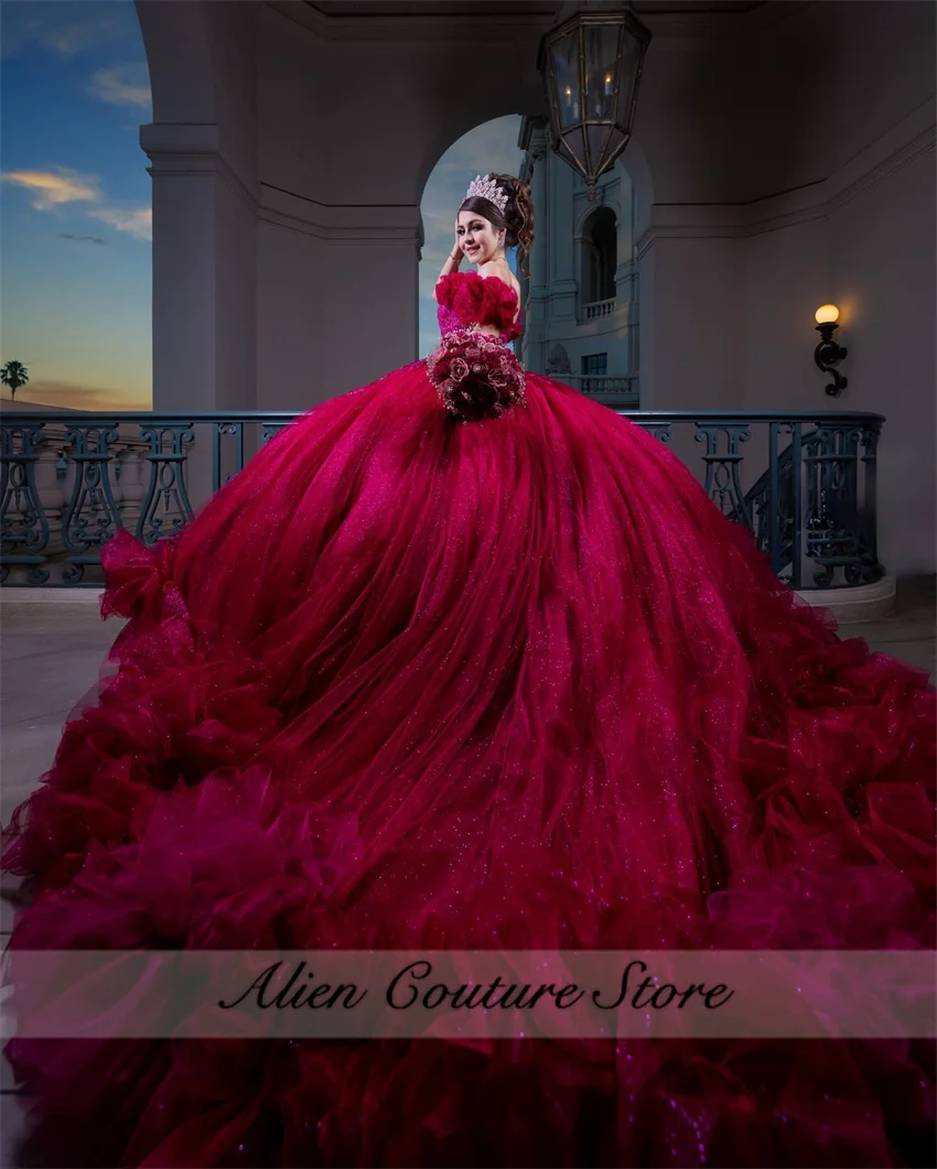 Exquisite Wine Red Beads Princess Quinceanera Dresses Pearls Ruffles Tiered Sweet 16 Dress Ball Gown Vestidos De 15 Años