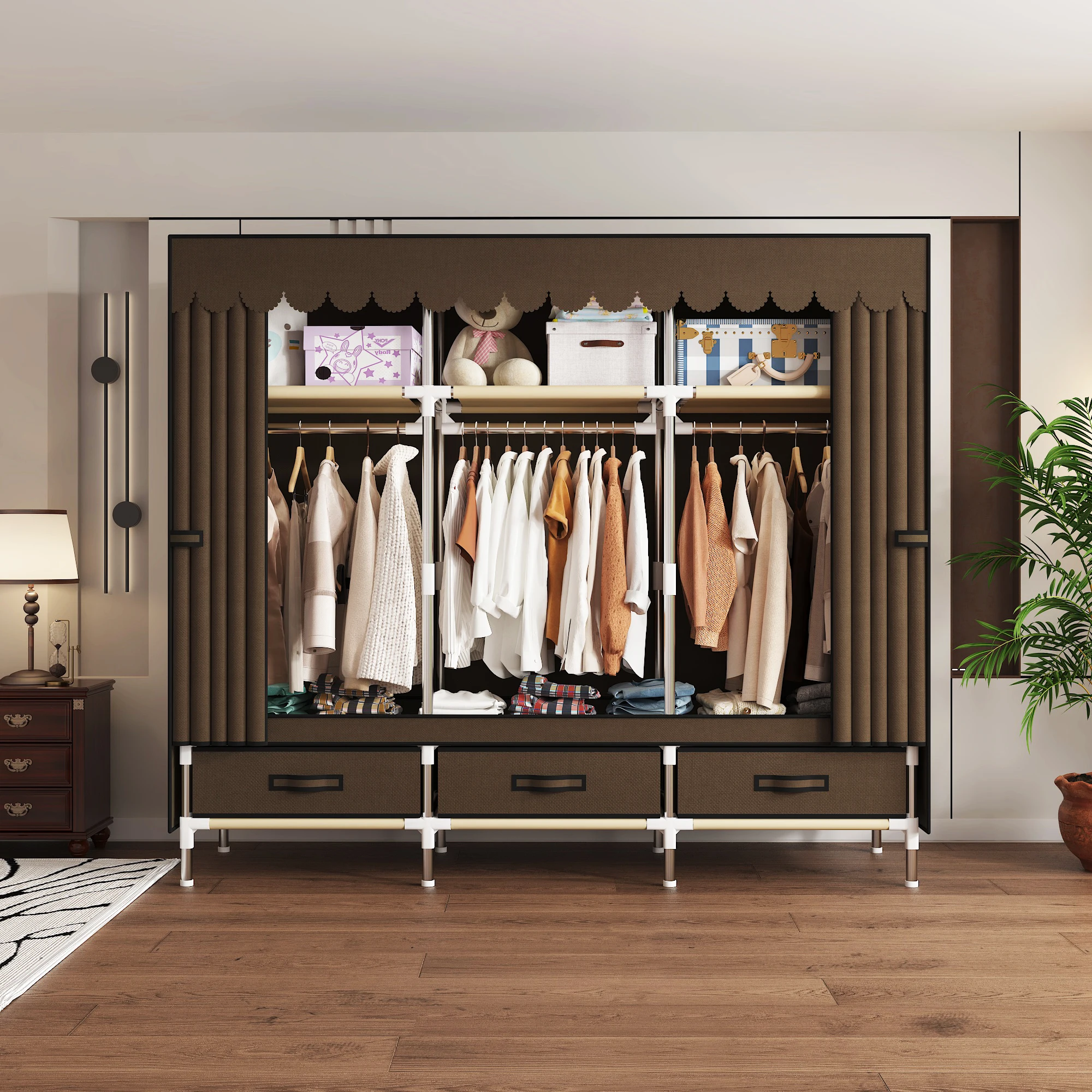Portable Wardrobe with 3 Hanging Rods and 6 Storage Racks - Reinforced Alloy Steel Frame, Easy to Assemble, Canvas Curtain Cover view 2