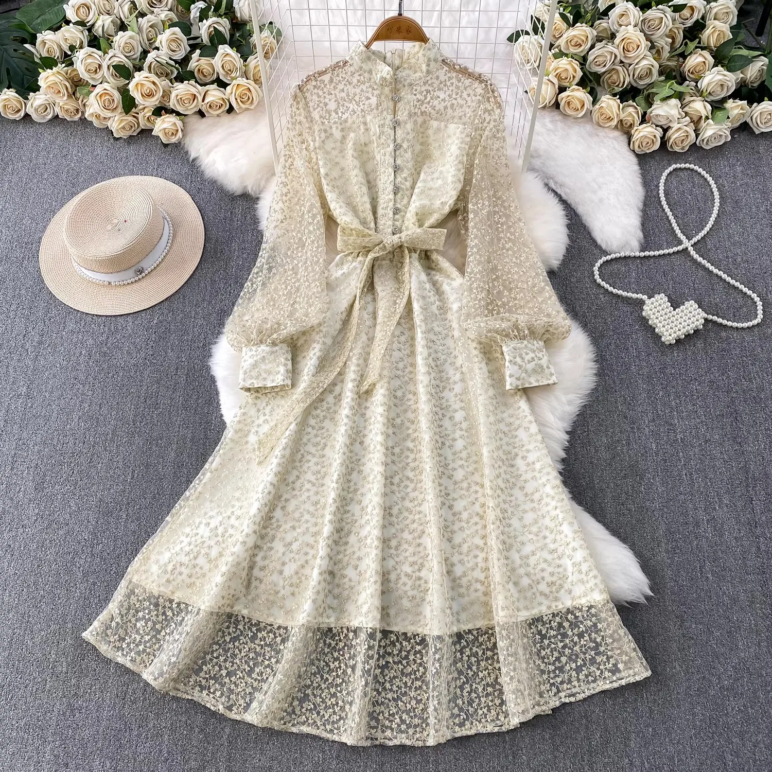 

French Women's Flower Embroidery Stand Neck Lantern Sleeves Vintage Blet Lace Up Mesh Office Lady Dress Summer Female