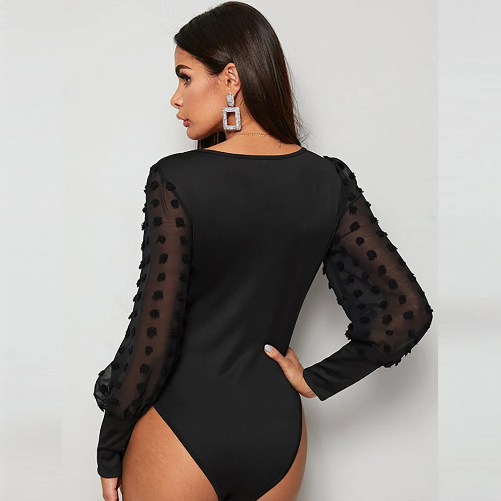 Autumn Tops 2023 New Sexy Elegant Chic Mesh Sleeve Bodysuit Women Black Square Collar Bodycon Office Lady One Piece Outfits