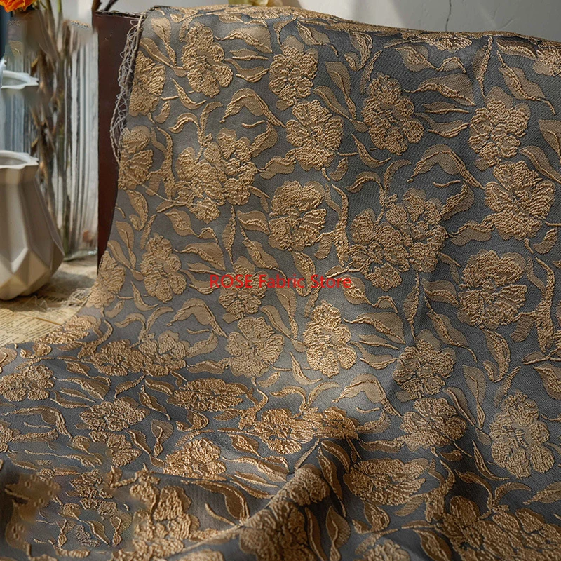 1 Meter Gray Coffee Color Large Flower Yarn Dyed Jacquard Fabric Women's Dress Luggage Diy Sewing Fabric