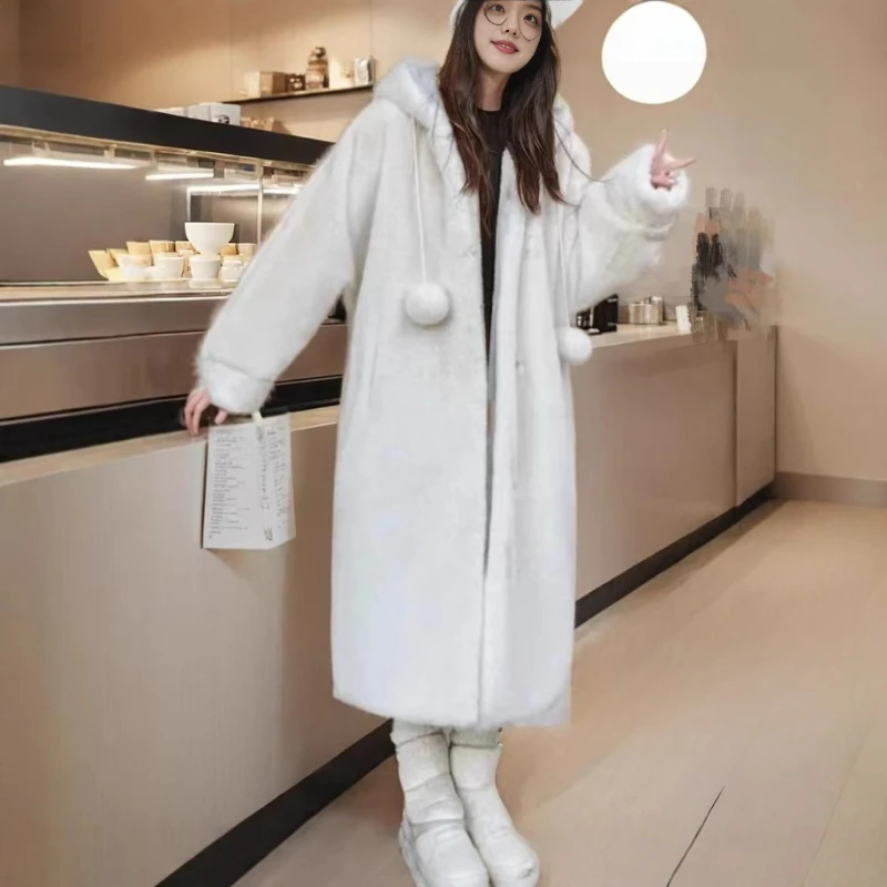 Winter namaakbont lange trenchcoat warme nieuwe dames capuchon lange lijn faux nertsen bont gevoerde jas dikker pluche bontjassen pluizig