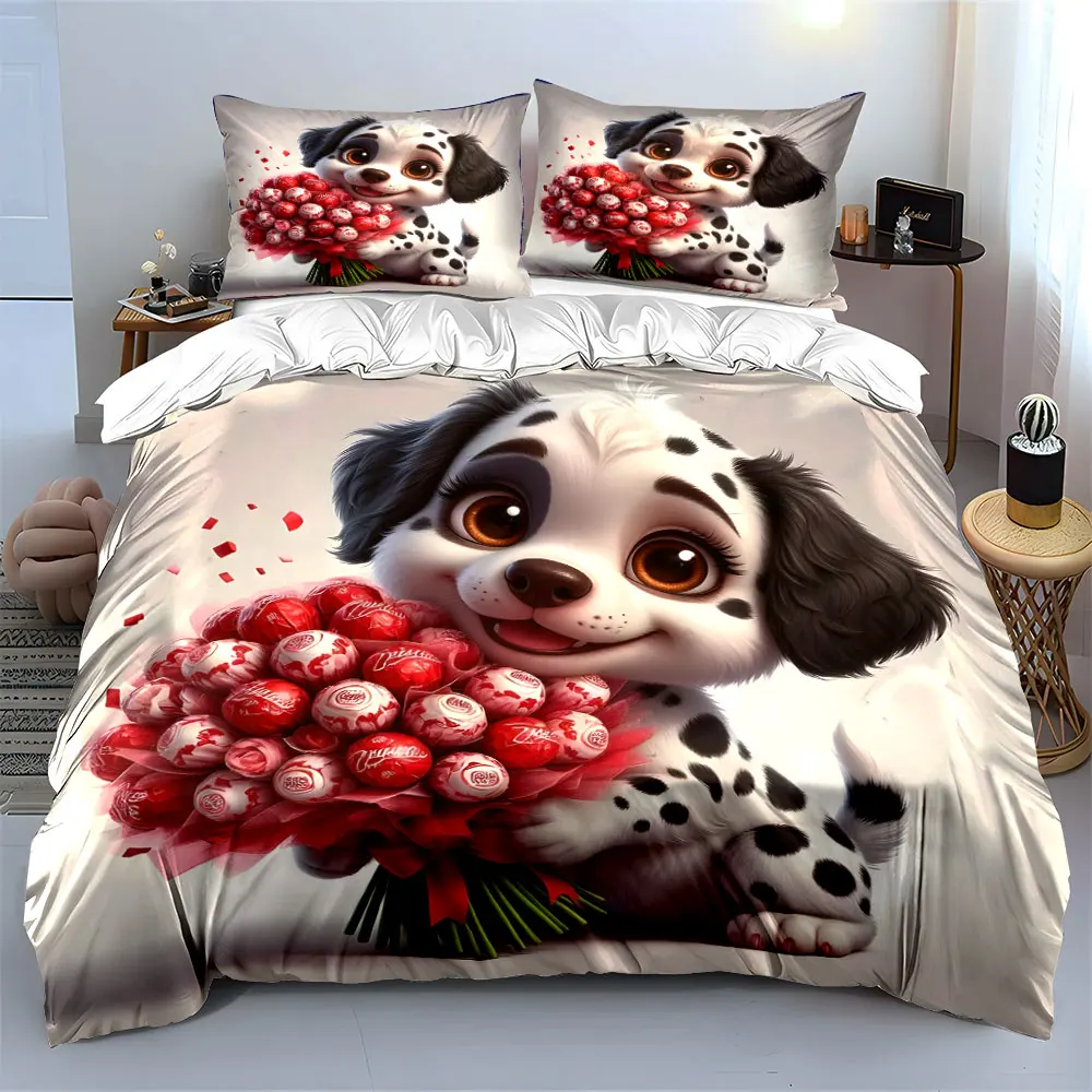 Cute Dalmatian with Sweet Bouquet Pattern Duvet Cover Set Digital Print Colorful Polyester Bedding with Zipper Closur for gifts