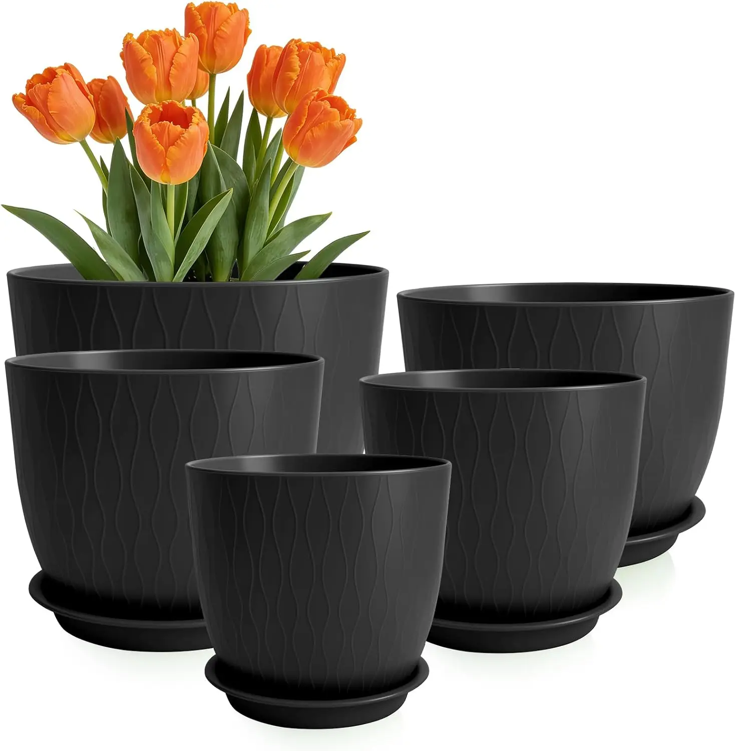 

Plant Pots 10/9/8/7.5/7 Inch Plant Pots, Set of 5 Plastic Planters with Drainage Holes and Saucers,Plastic Flower Pots,N