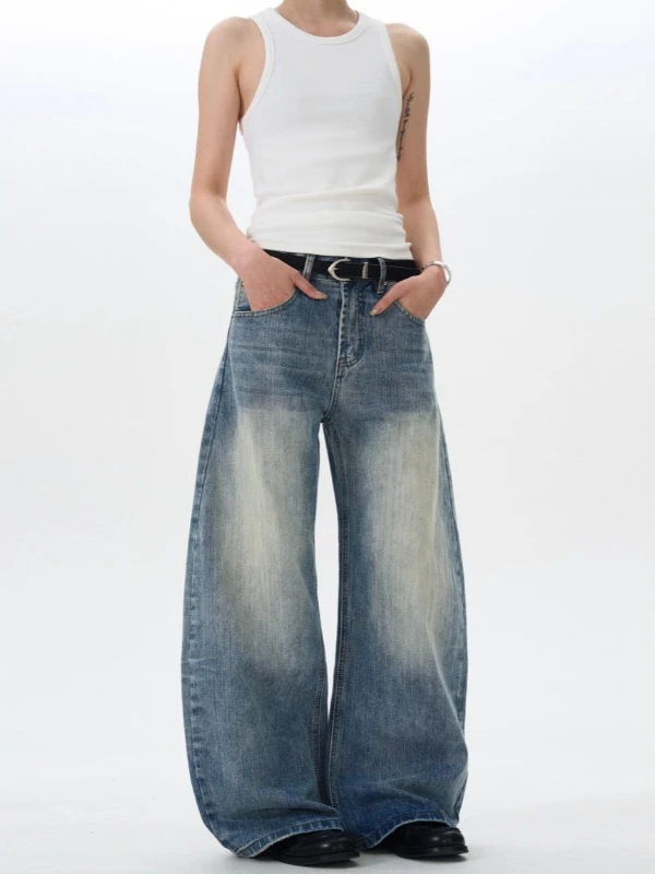

Ретро-джинсы американского стиля свободного прямого кроя для женщин, широкие драпированные длинные брюки, повседневная одежда на все сезоны, удобные джинсовые брюки