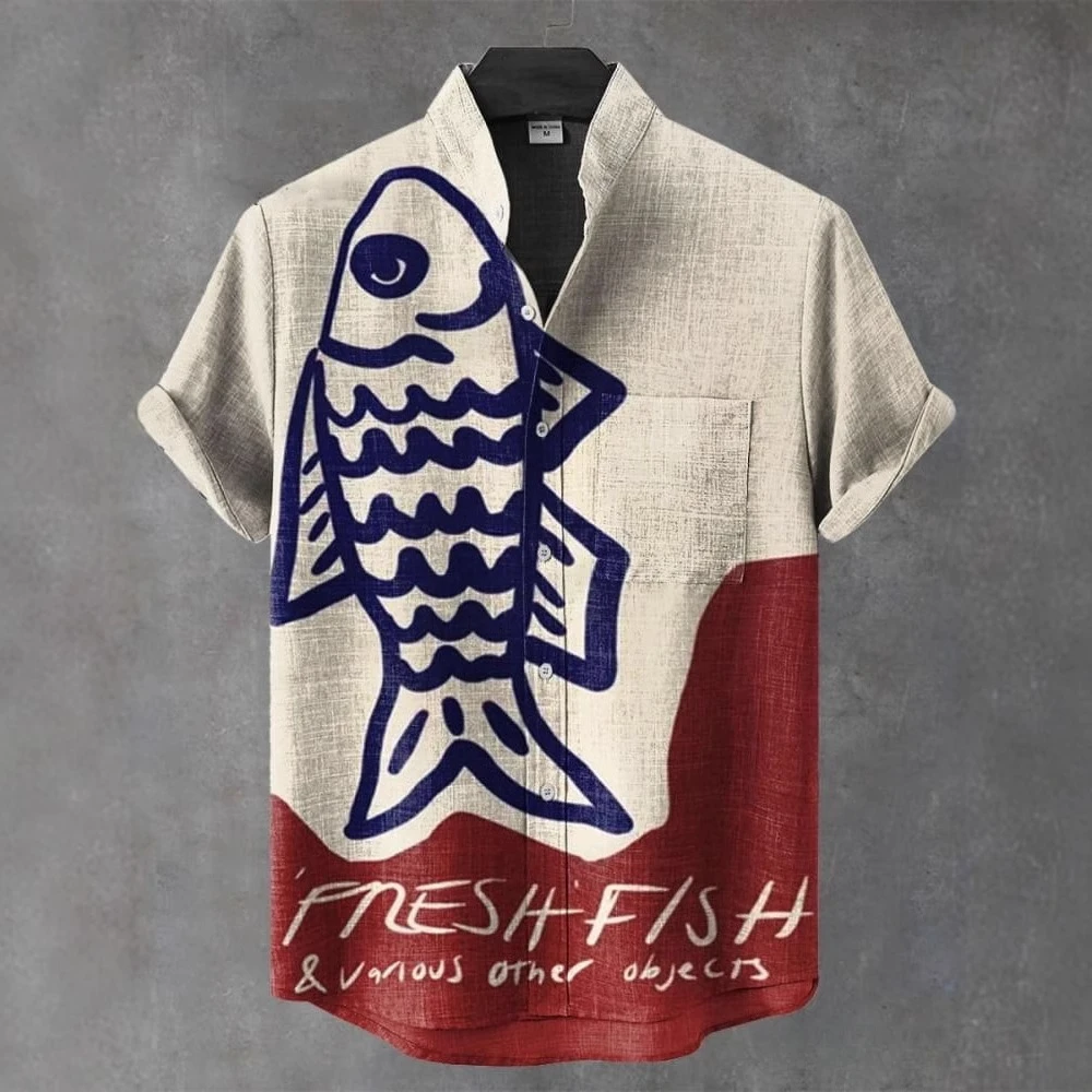 

Foreign Trade Retro Linen Comfortable Top Fabric Printed Short Sleeved Shirt Style Fish Pattern New Men's Button Up Top