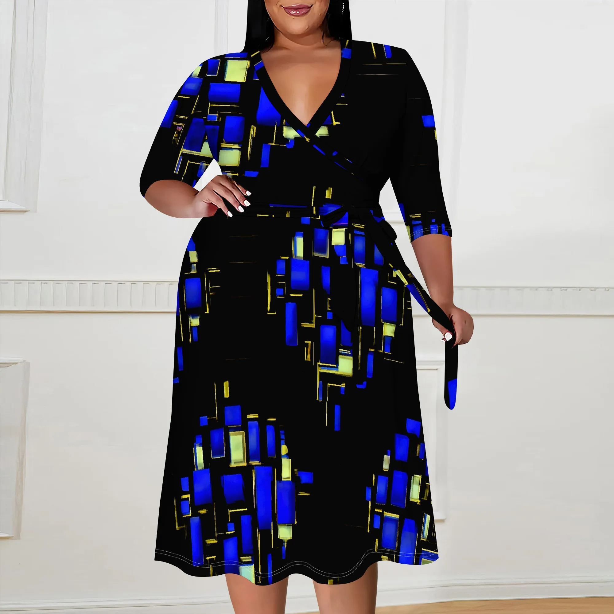 

Blue Yellow Geometric Print Plus Size Dress XL-6XL V-Neck 3/4 Sleeve Belted Wrap Style for Art Show, Streetwear or Dinner Look