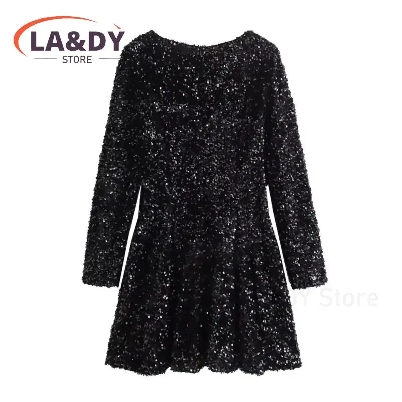 Elegance Party Dresses Women 2024 Fashion Sequin V-Neck Female Solid Color Casual Long Sleeve Black Dress Ladies