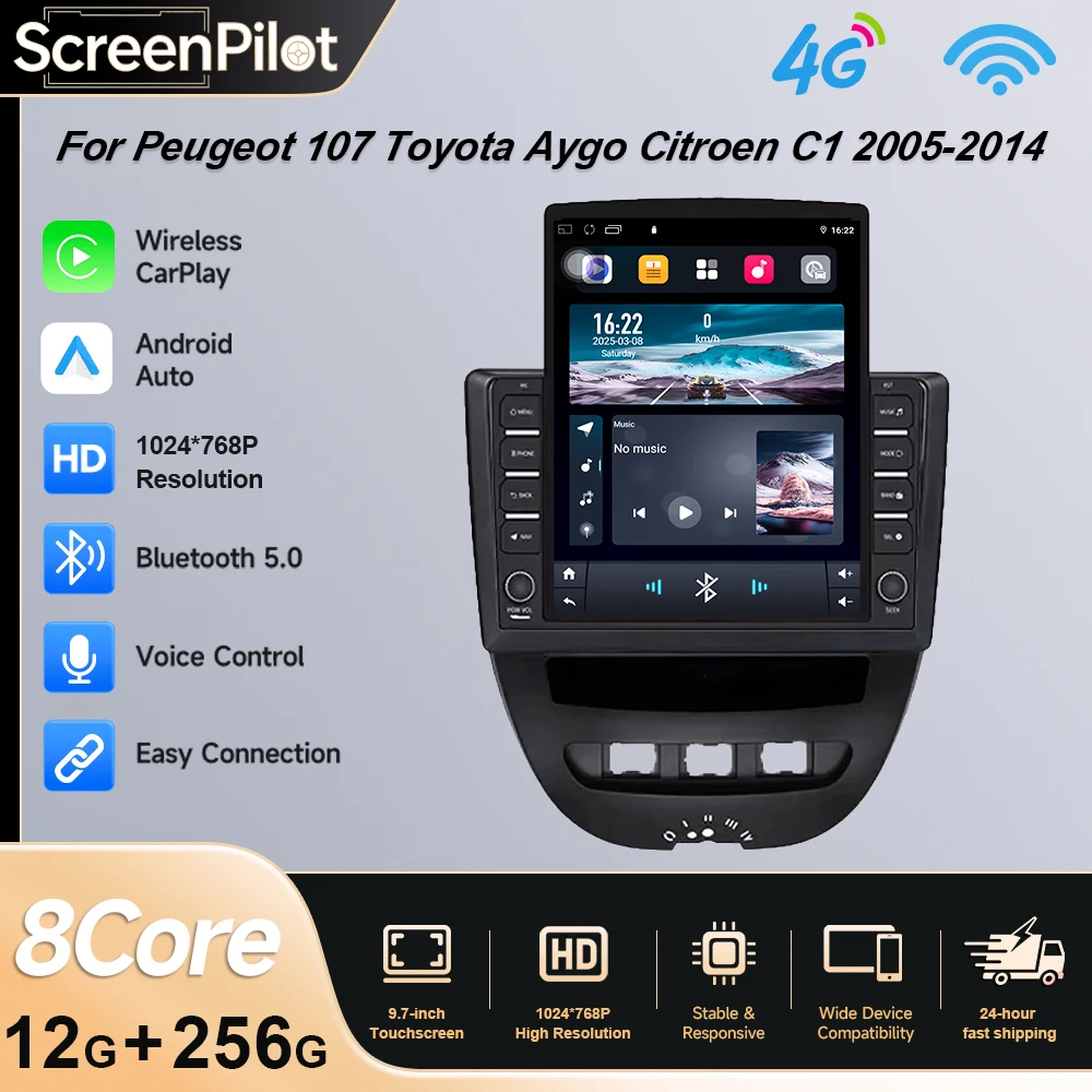 9.7 Android 16 Car Multimedia Player For Peugeot 107 Toyota Aygo Citroen C1 2005-2014 Head Unit Stereo GPS Navigation BT WIFI