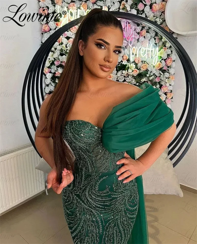 2024 Aso Ebi Green Evening Gown Women Sequins Beaded One Shoulder Arabic Prom Dresses With Train Custom Made Wedding Party Dress